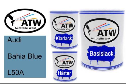 Audi, Bahia Blue, L50A: 1L Lackdose + 1L Klarlack + 500ml Härter - Set, von ATW Autoteile West.